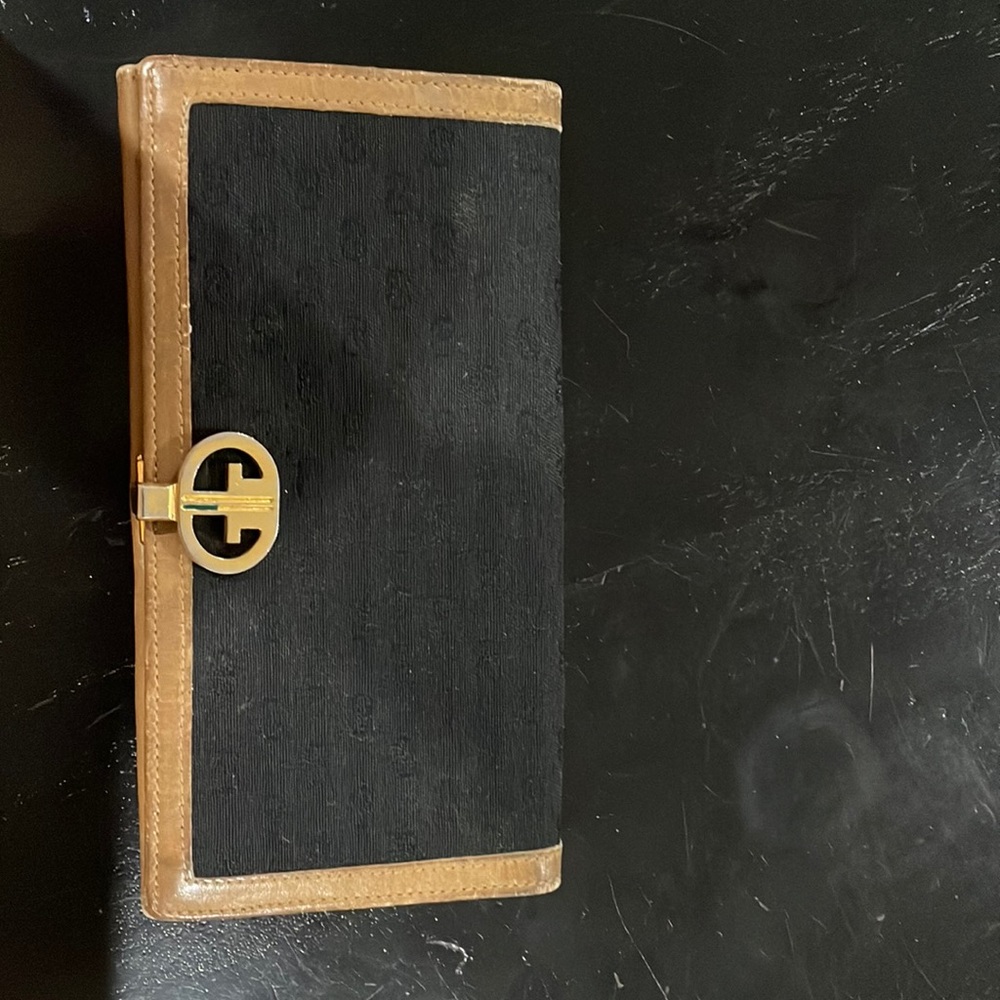 Gucci fabric wallet with tan leather trim